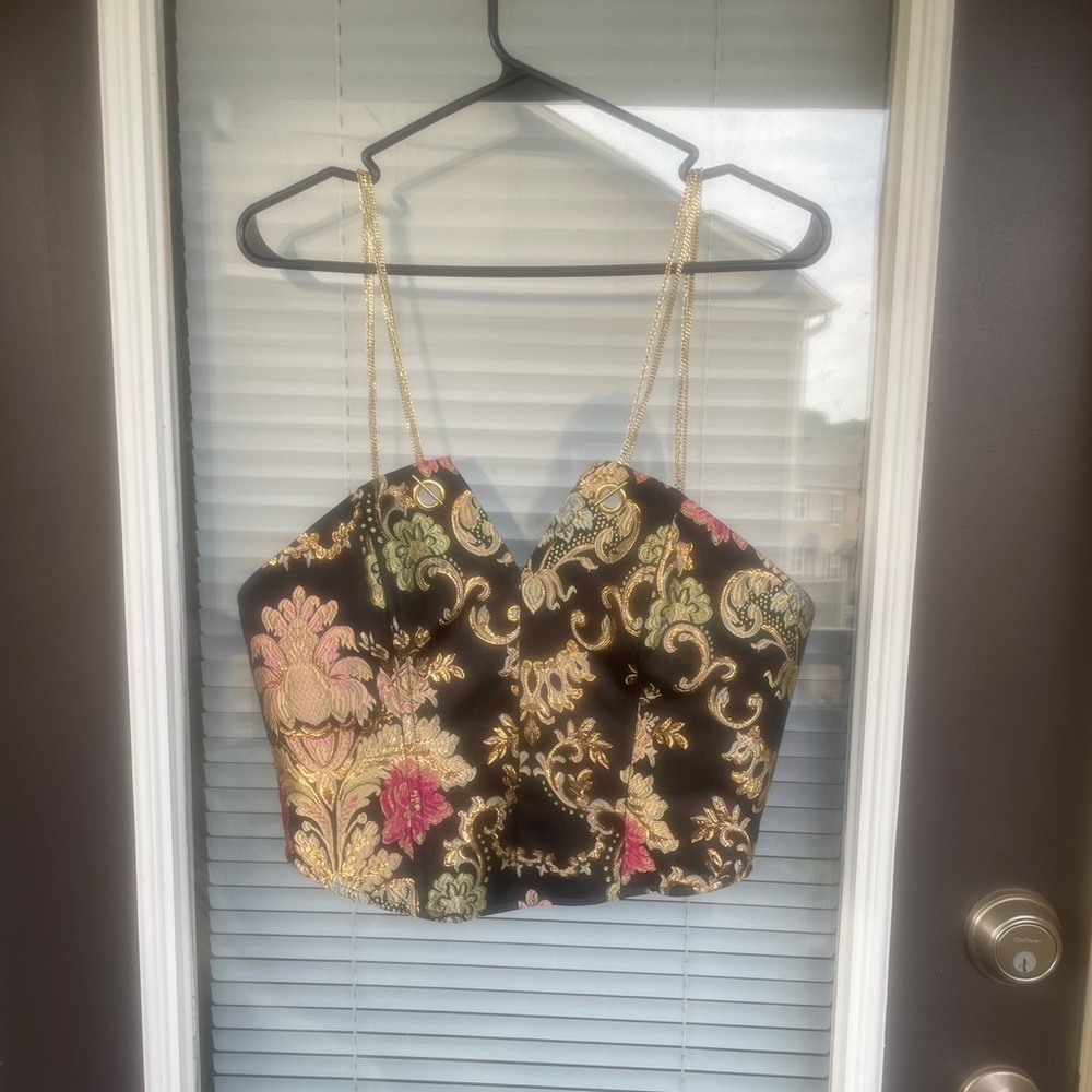 Blithe La Floral Embroidered Tapestry Top with gold chain straps-L